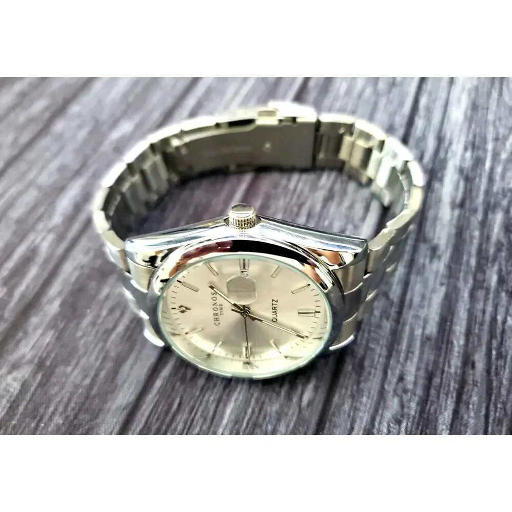 Chronos Men's Date Watch Silver Burst Diamond Dial 90's‎